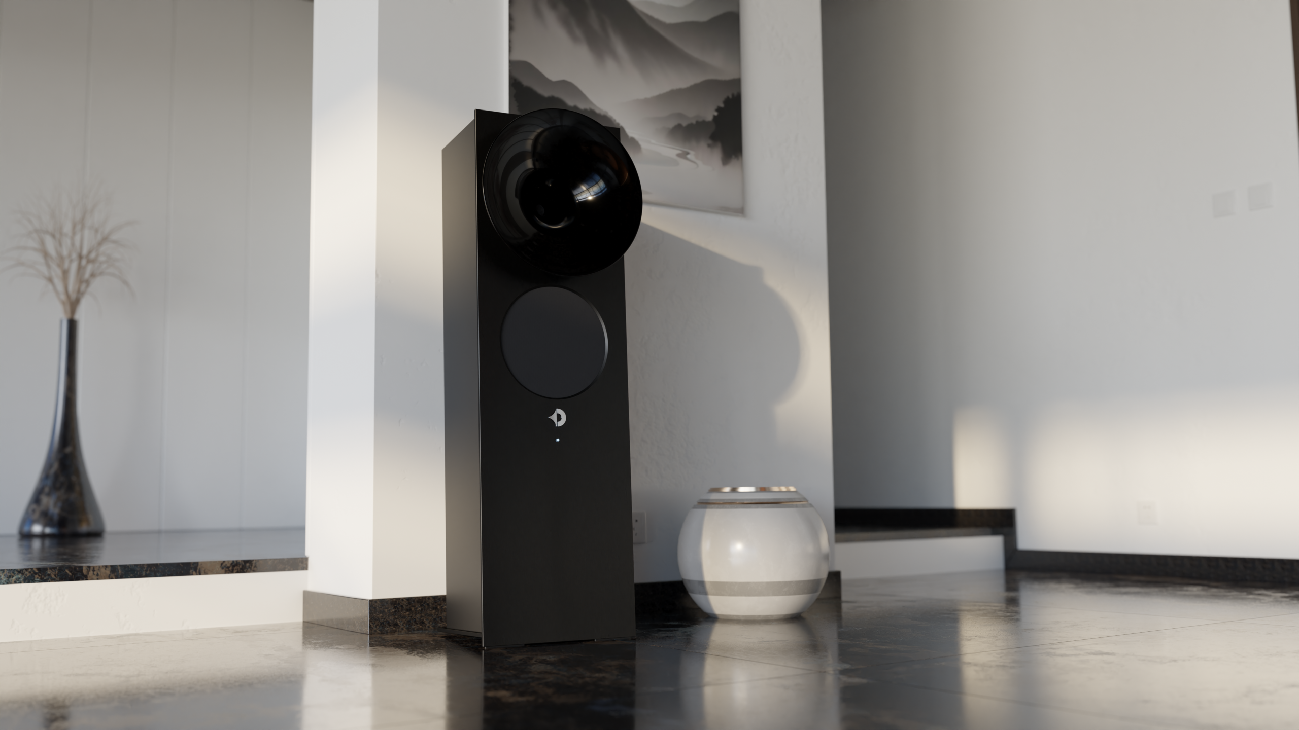 Avantgarde Acoustic OPUS 1 in schwarz mit schwarz eloxiertem Aluminium und schwarzem Horn, freistehend in einem hellen, modernen Wohnraum.