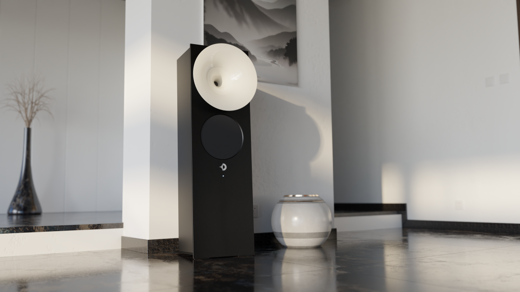 Avantgarde Acoustic OPUS 1 in schwarz mit schwarz eloxiertem Aluminium und weißem Horn, freistehend in einem hellen, modernen Wohnraum.