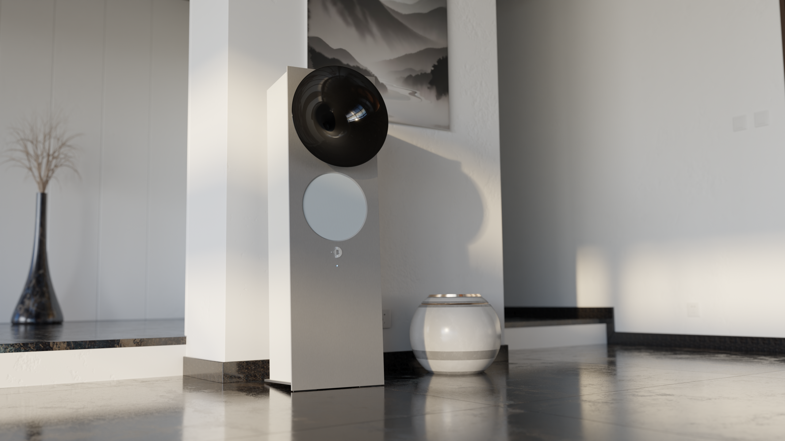 Avantgarde Acoustic OPUS 1 in weiß mit natur eloxiertem Aluminium und schwarzem Horn, freistehend in einem hellen, modernen Wohnraum.
