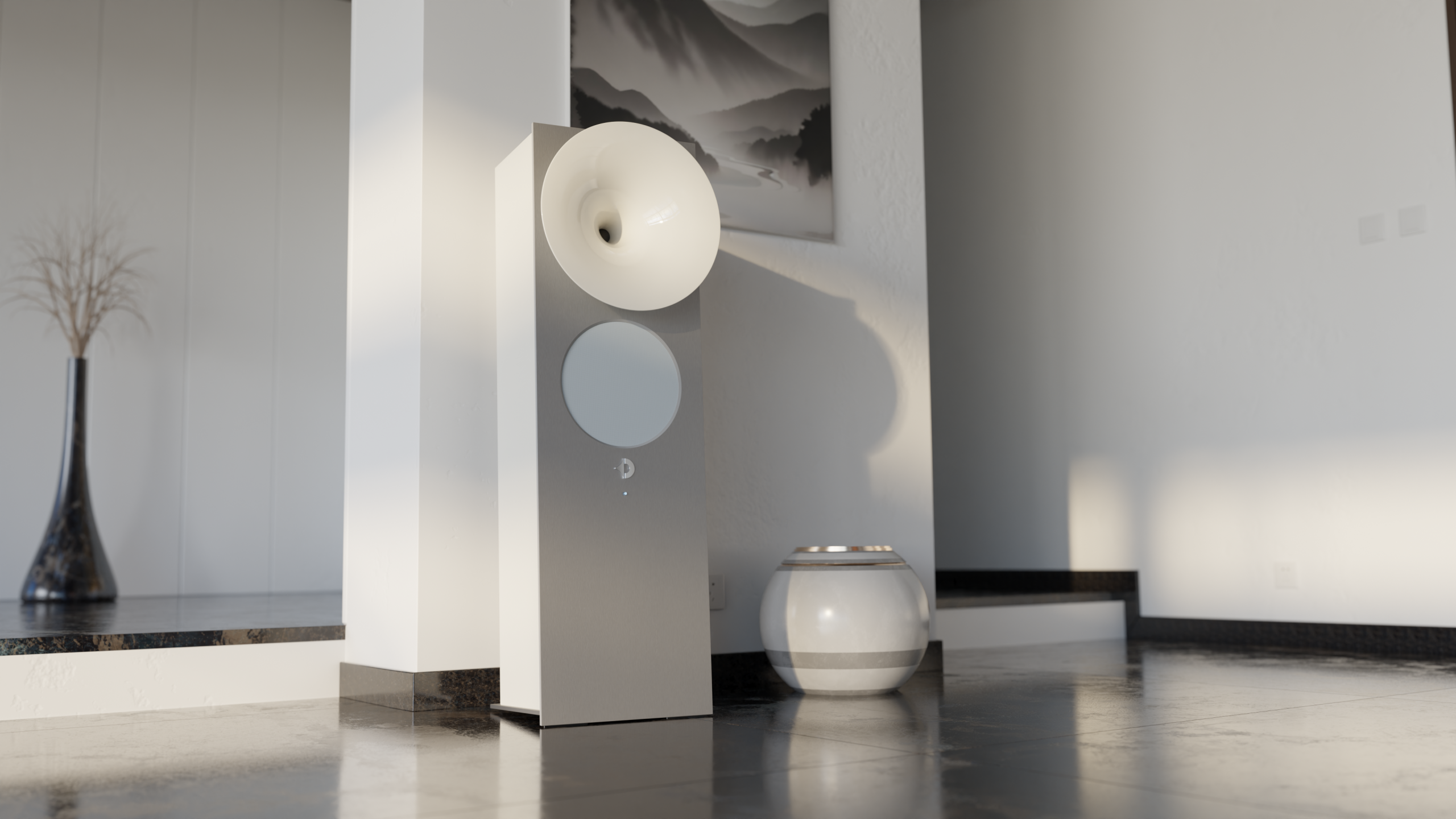 Avantgarde Acoustic OPUS 1 in weiß mit natur eloxiertem Aluminium und weißem Horn, freistehend in einem hellen, modernen Wohnraum.