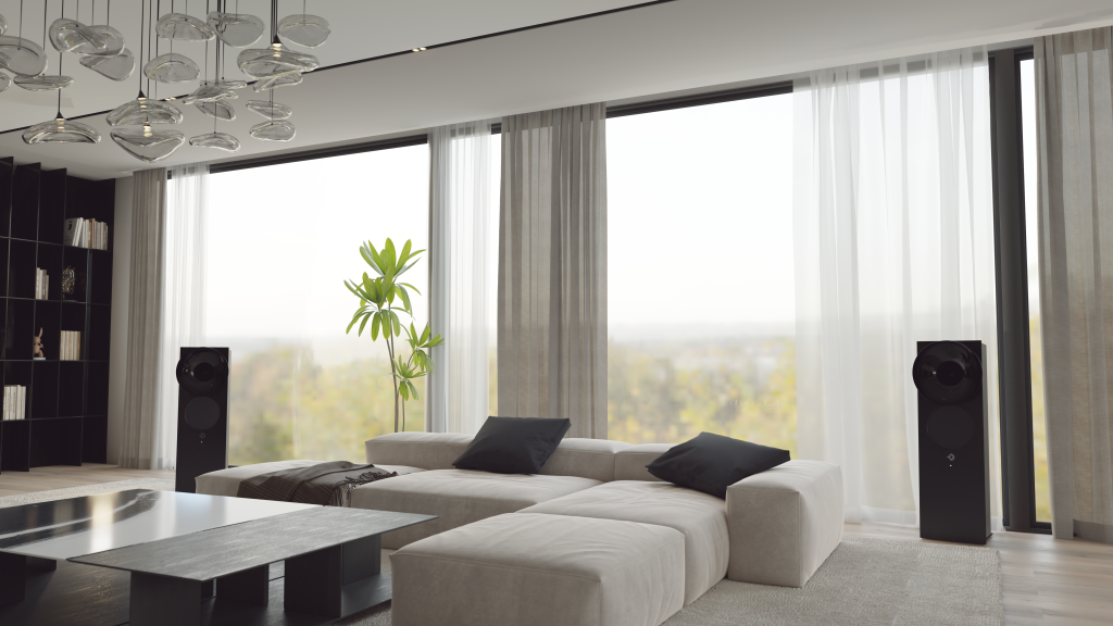 Avantgarde Acoustic OPUS 1 in schwarz mit schwarz eloxiertem Aluminium und schwarzem Horn als Stereopaar in einem modernen Wohnzimmer mit bodentiefen Fenstern