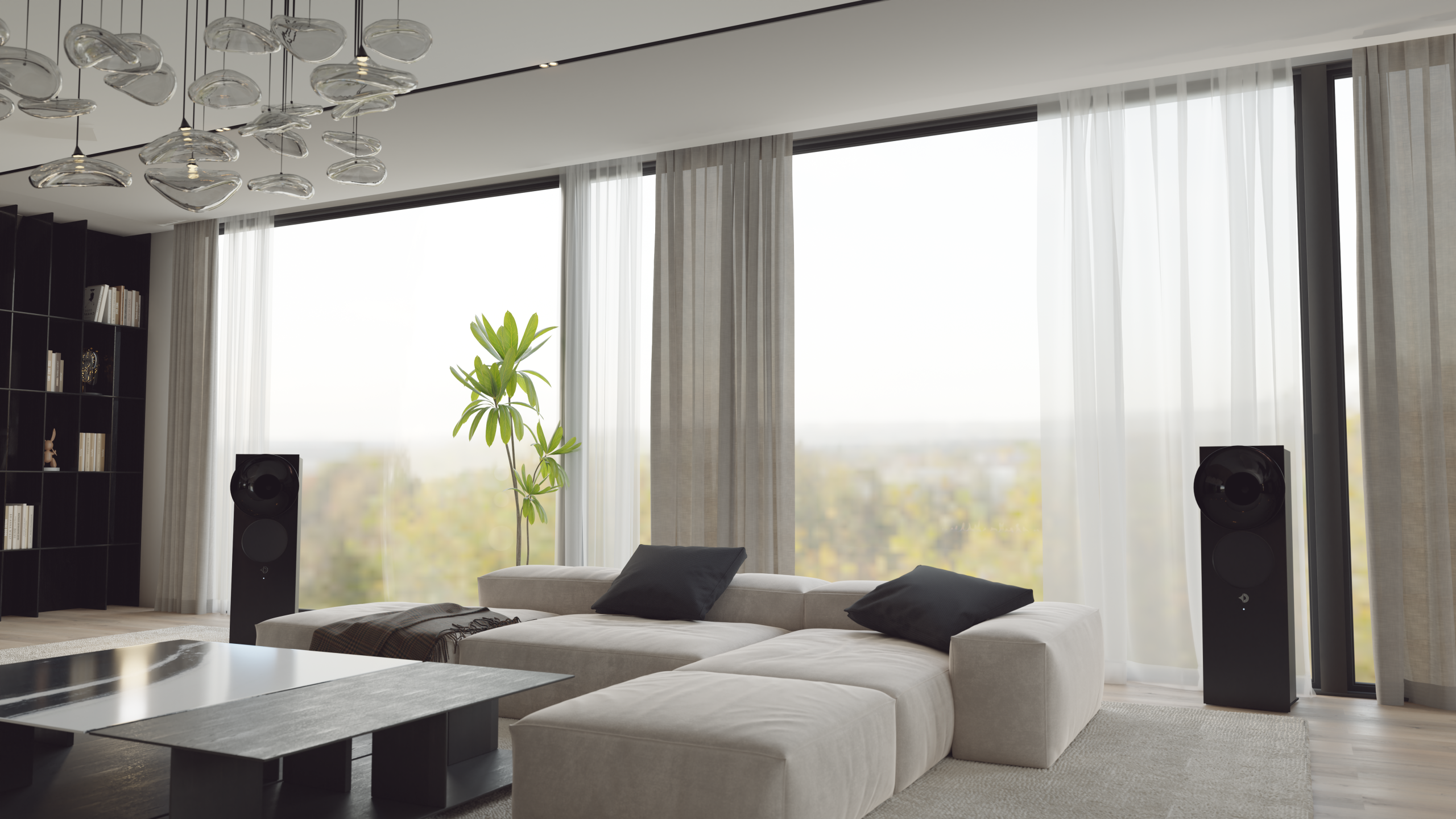Avantgarde Acoustic OPUS 1 in schwarz mit schwarz eloxiertem Aluminium und schwarzem Horn als Stereopaar in einem modernen Wohnzimmer mit bodentiefen Fenstern