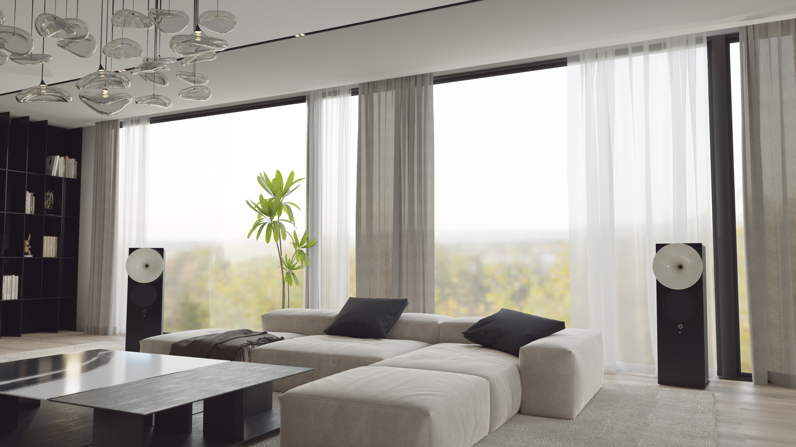 Avantgarde Acoustic OPUS 1 in schwarz mit schwarz eloxiertem Aluminium und weißem Horn als Stereopaar in einem modernen Wohnzimmer mit bodentiefen Fenstern