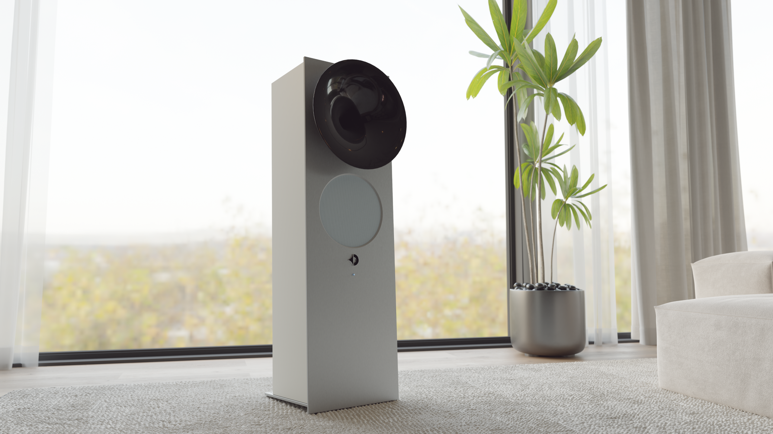 Avantgarde Acoustic OPUS 1 in weiß mit natur eloxiertem Aluminium und schwarzem Horn, freistehend vor einer bodentiefen Fensterfront mit Blick ins Grüne