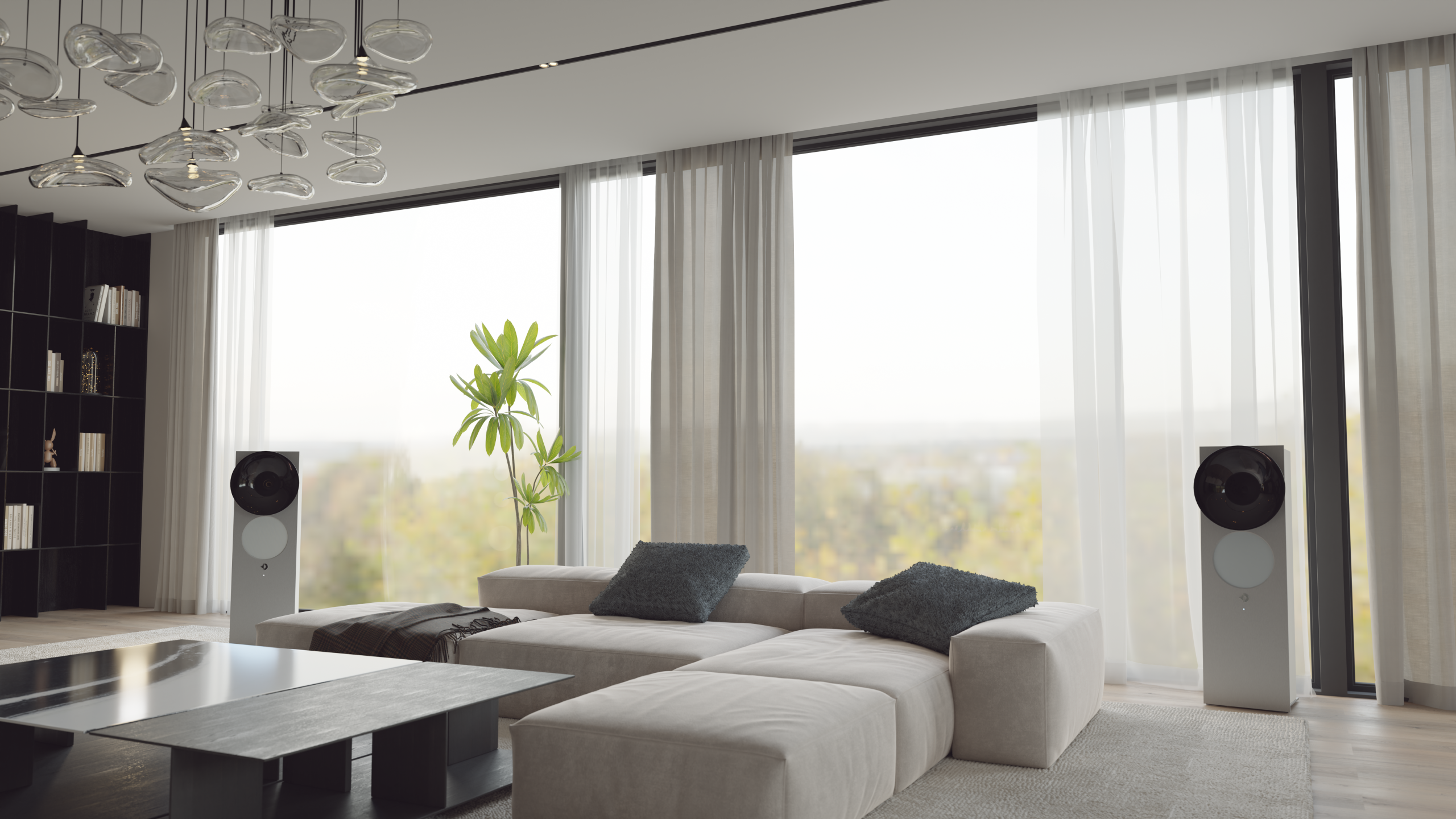 Avantgarde Acoustic OPUS 1 in weiß mit natur eloxiertem Aluminium und schwarzem Horn als Stereopaar in einem modernen Wohnzimmer mit bodentiefen Fenstern