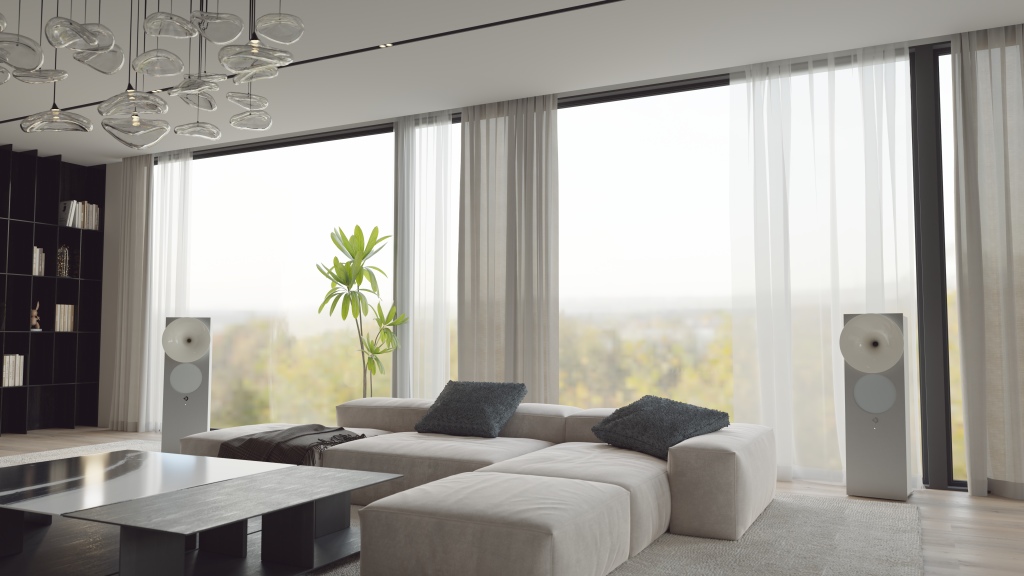 Avantgarde Acoustic OPUS 1 in Weiß mit natur eloxiertem Aluminium und weißem Horn als Stereopaar in einem modernen Wohnzimmer mit bodentiefen Fenstern