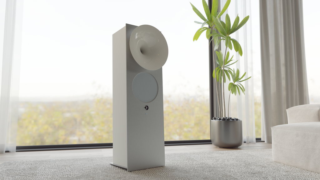 Avantgarde Acoustic OPUS 1 in weiß mit natur eloxiertem Aluminium und weißem Horn, freistehend vor einer bodentiefen Fensterfront mit Blick ins Grüne