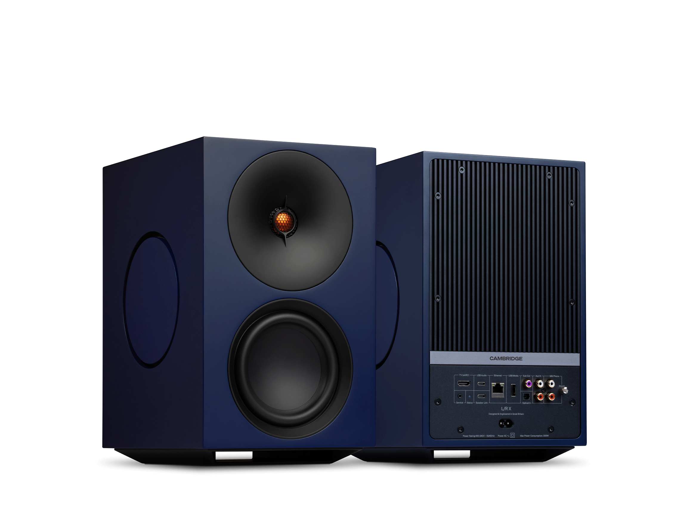 Cambridge Audio L/R X in blau, Front- und Rückansicht mit Anschlussfeld nebeneinander