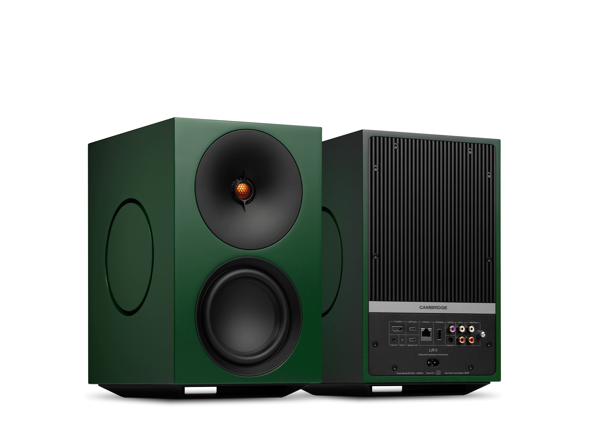 Cambridge Audio L/R X in grün, Front- und Rückansicht mit Anschlussfeld nebeneinander