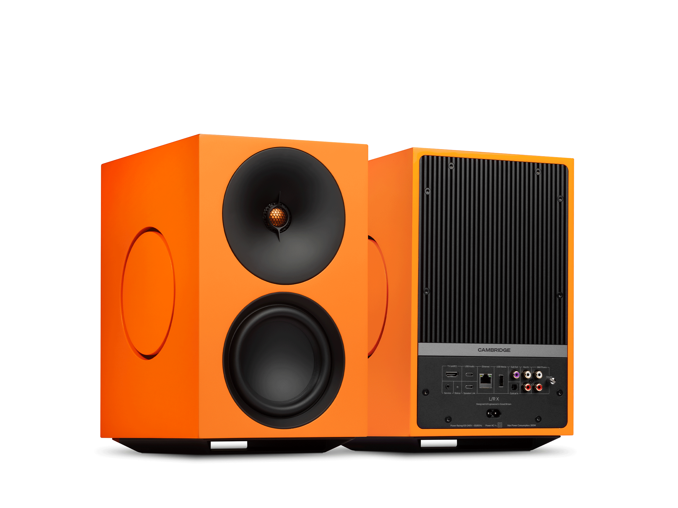 Cambridge Audio L/R X in orange, Front- und Rückansicht mit Anschlussfeld nebeneinander