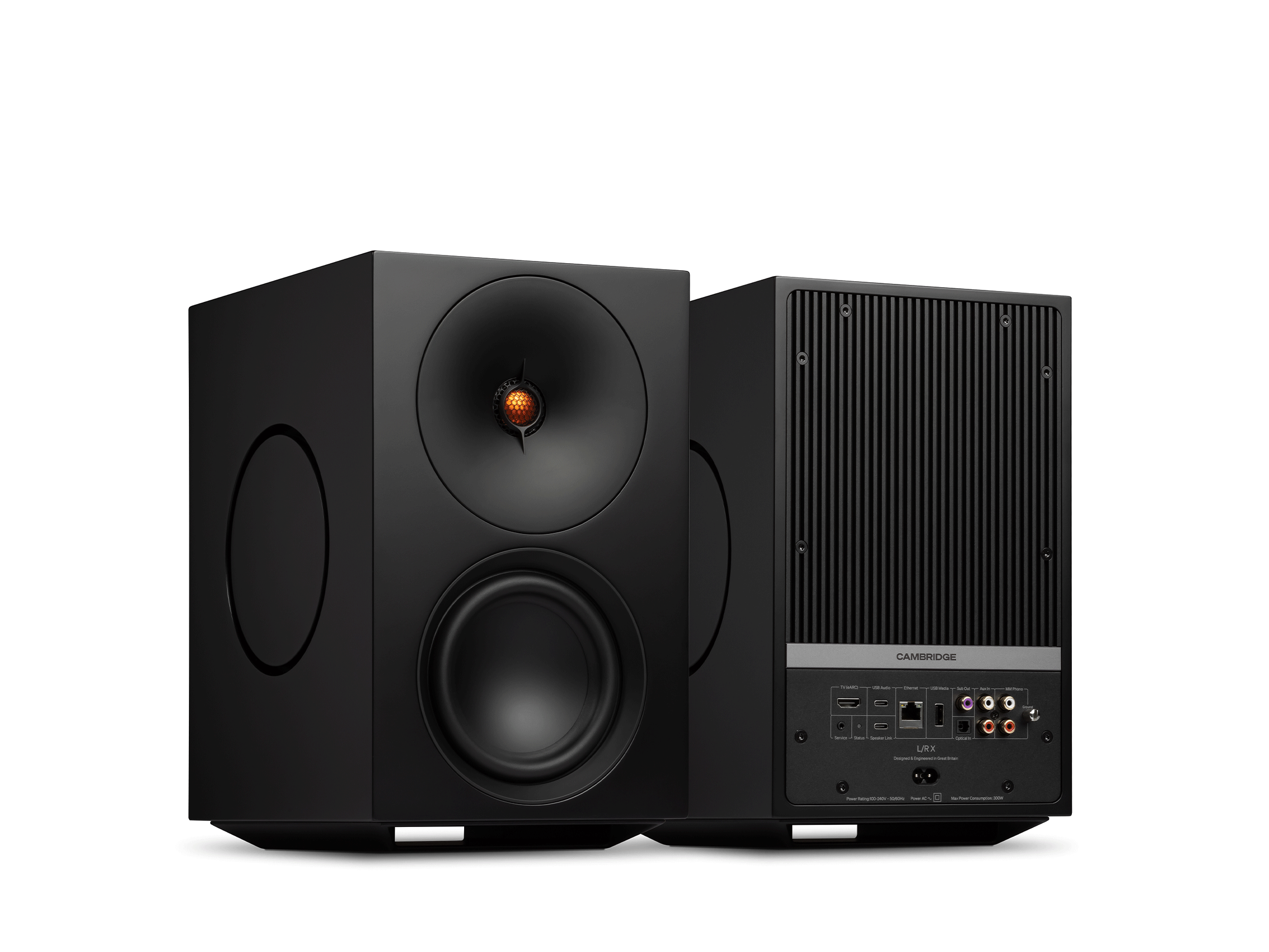 Cambridge Audio L/R X in schwarz, Front- und Rückansicht mit Anschlussfeld nebeneinander