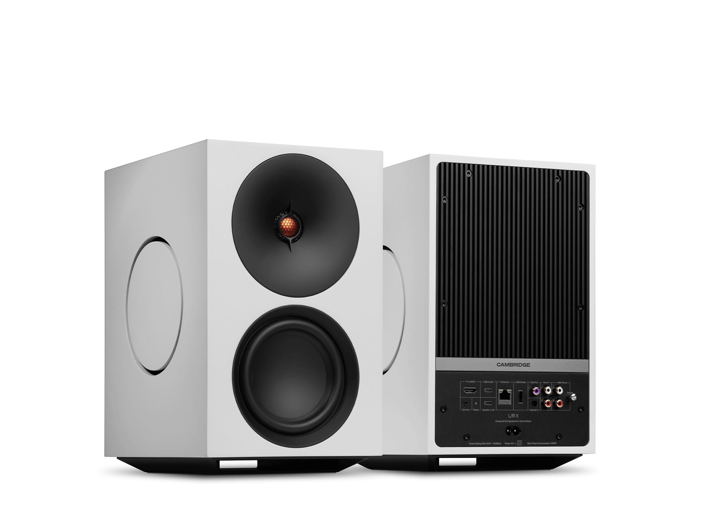 Cambridge Audio L/R X in weiß, Front- und Rückansicht mit Anschlussfeld nebeneinander