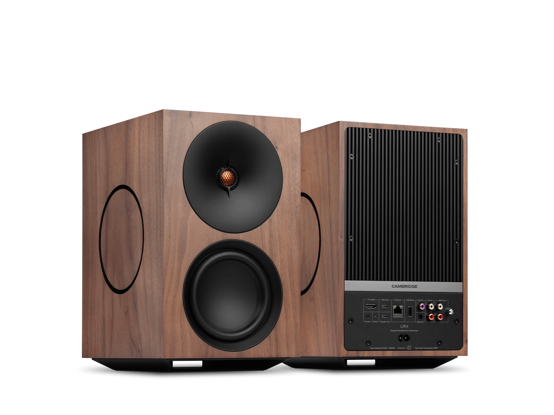 Cambridge Audio L/R X mit walnussholz furnier, Front- und Rückansicht mit Anschlussfeld nebeneinander