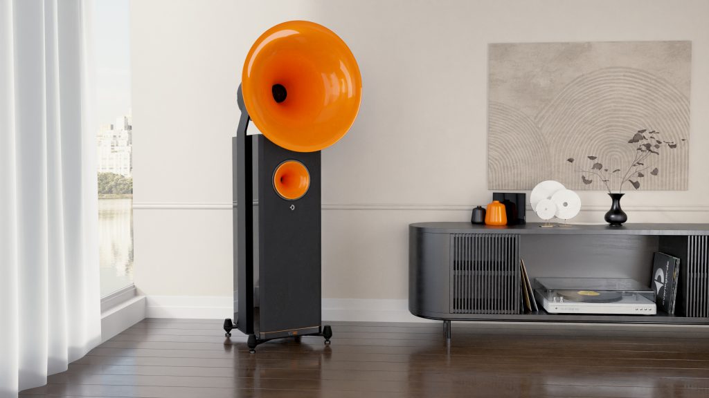 Avantgarde DuoGT in Schwarz mit orangen Hörnern in einer modernen Wohnung