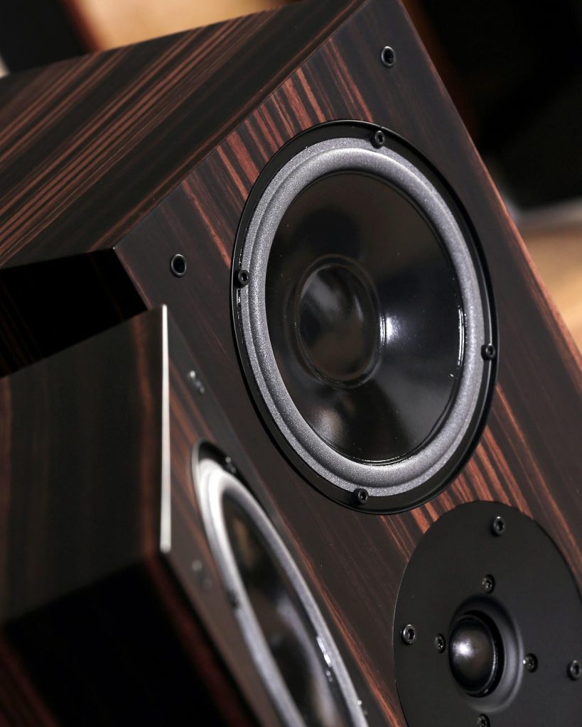 Detailaufnahme der Töner der Living Voice R25A in dunklem Holz