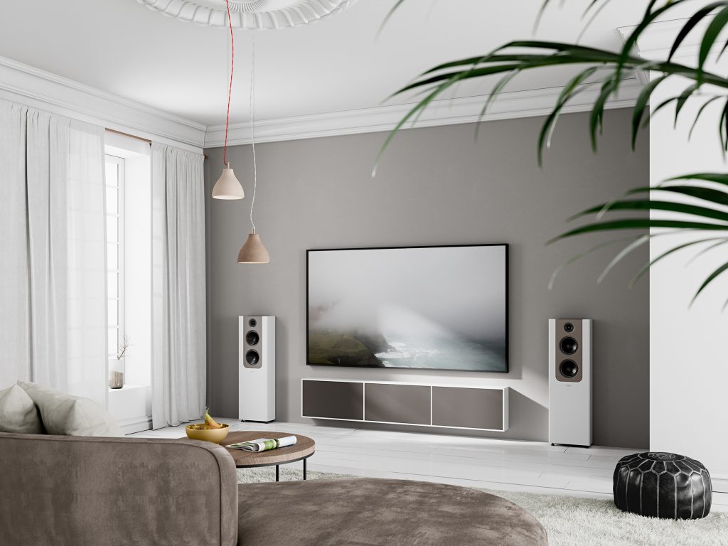 Lyngdorf FR 2 in weiß - mocca an der Wand in modernem Wohnzimmer