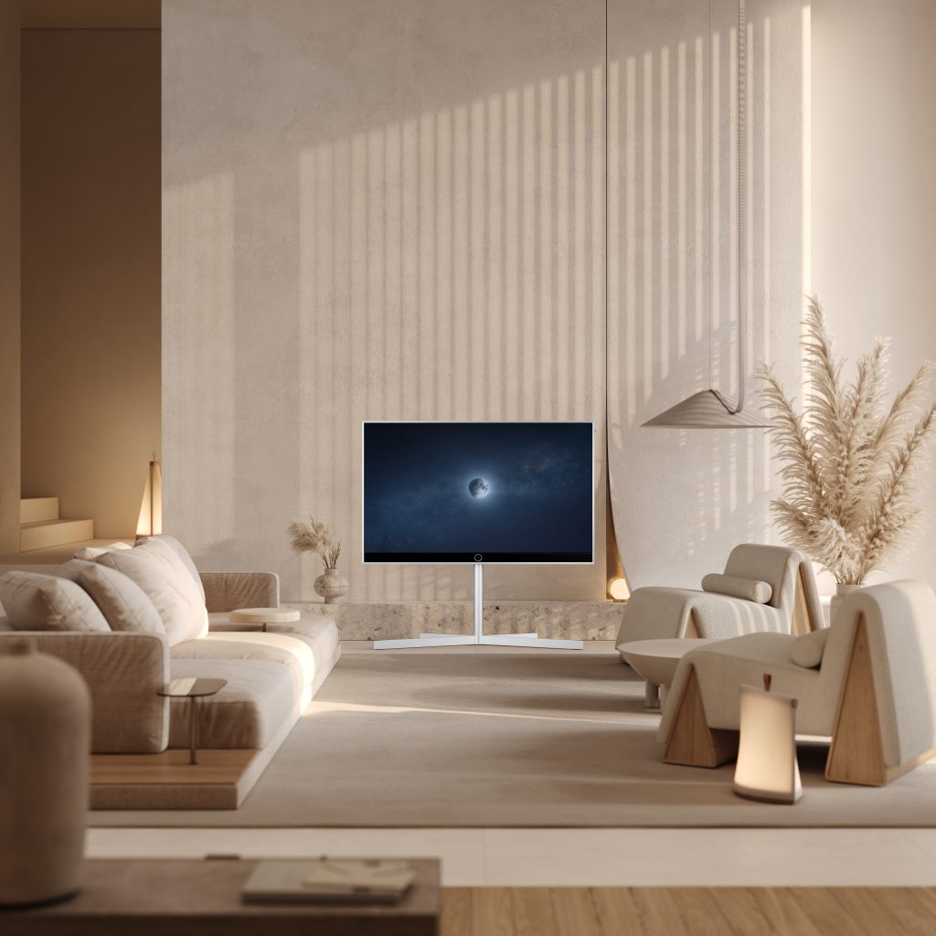 LOEWE Stellar Alu Concrete mit Mondmotiv in einem modernem Wohnzimmer